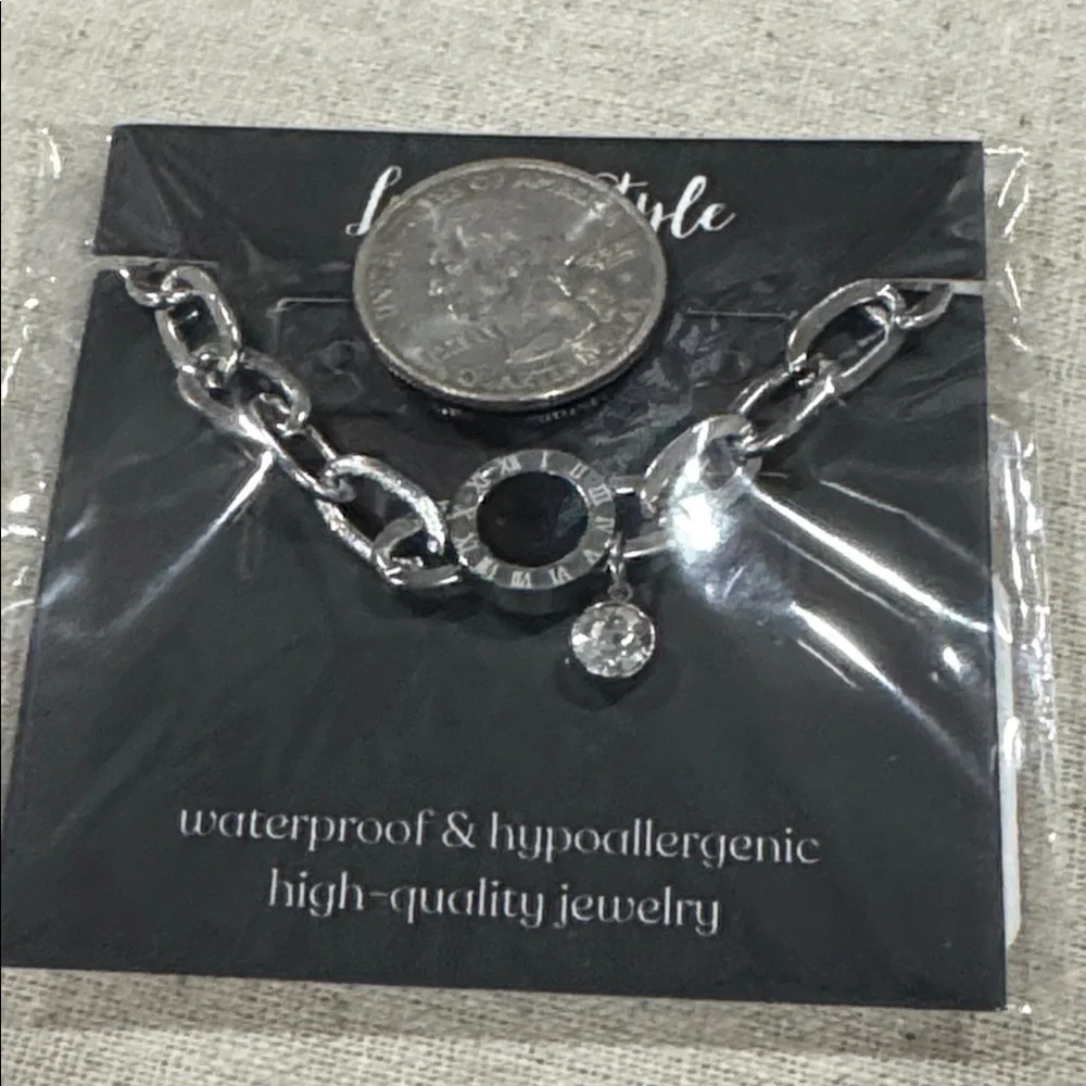 Stainless Steel Roman Numeral Bracelet Black Enamel CZ Charm Waterproof